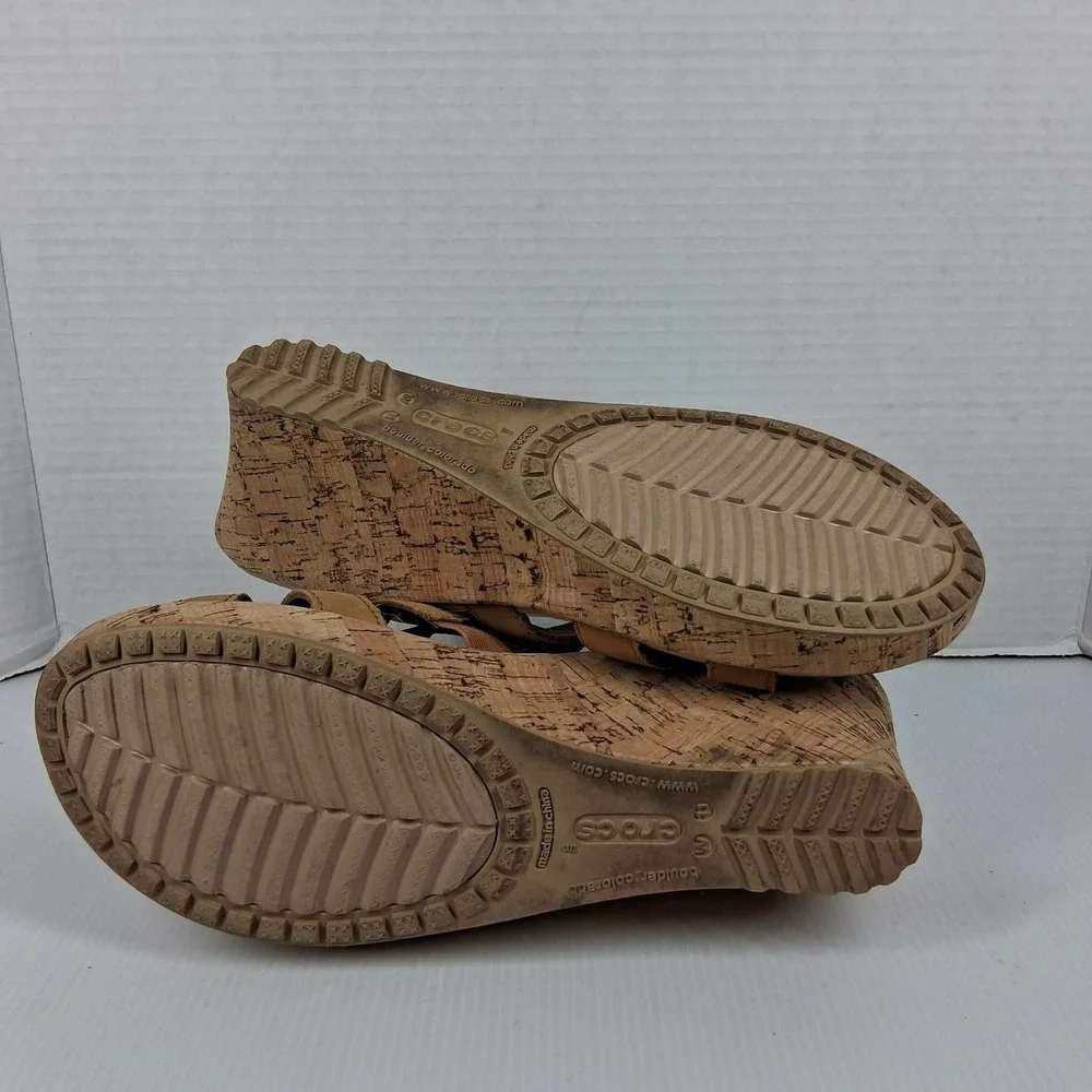 Crocs Leigh II Wedge Sandals Womens 11 Tan Strappy‎ Cork Wrap Slides 202513-23Q